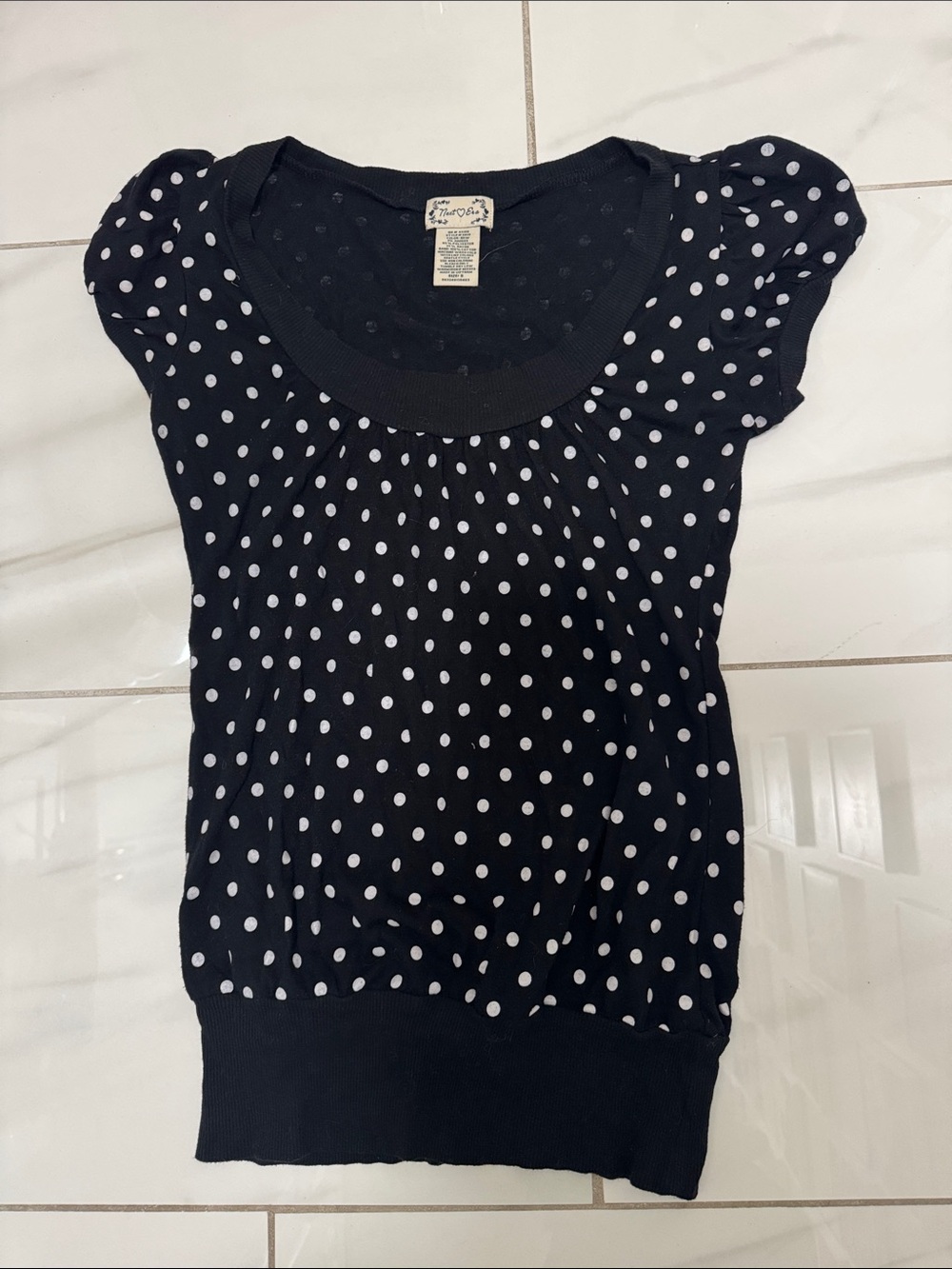 Next Era Black Tee with White Polka Dots and Puff Sleeves